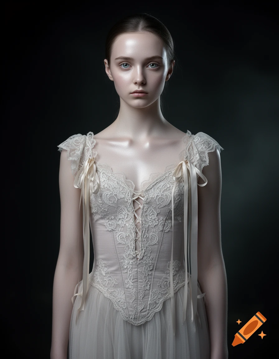 A young woman with pale skin and a blank expression, wearing an intricate cream-colored lace and ribbon corset top with a tulle skirt, against a dark background.