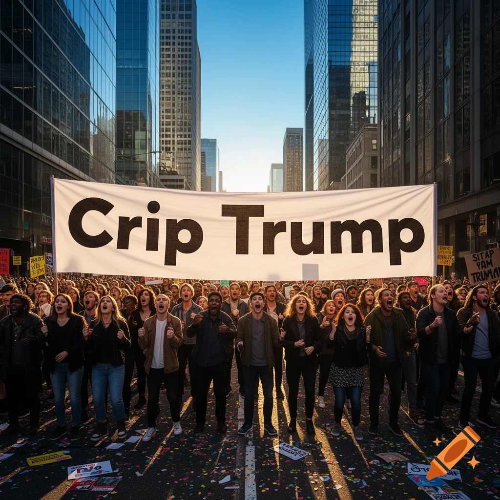 A large crowd of people protests in a city street, holding a banner that reads 'Crip Trump'. Photorealistic style.