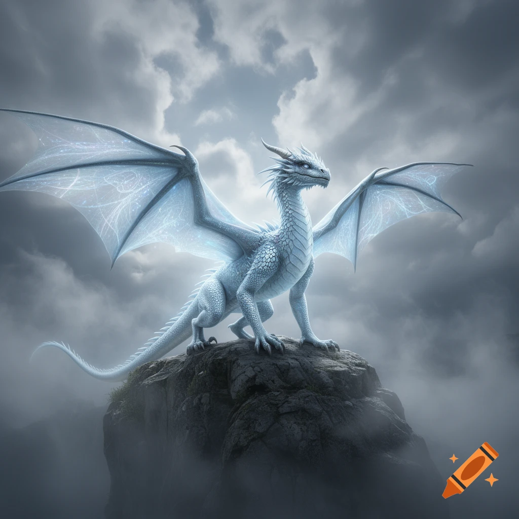 A majestic pale blue dragon with glowing, intricate wings perched on a rocky cliff under a cloudy, misty sky.