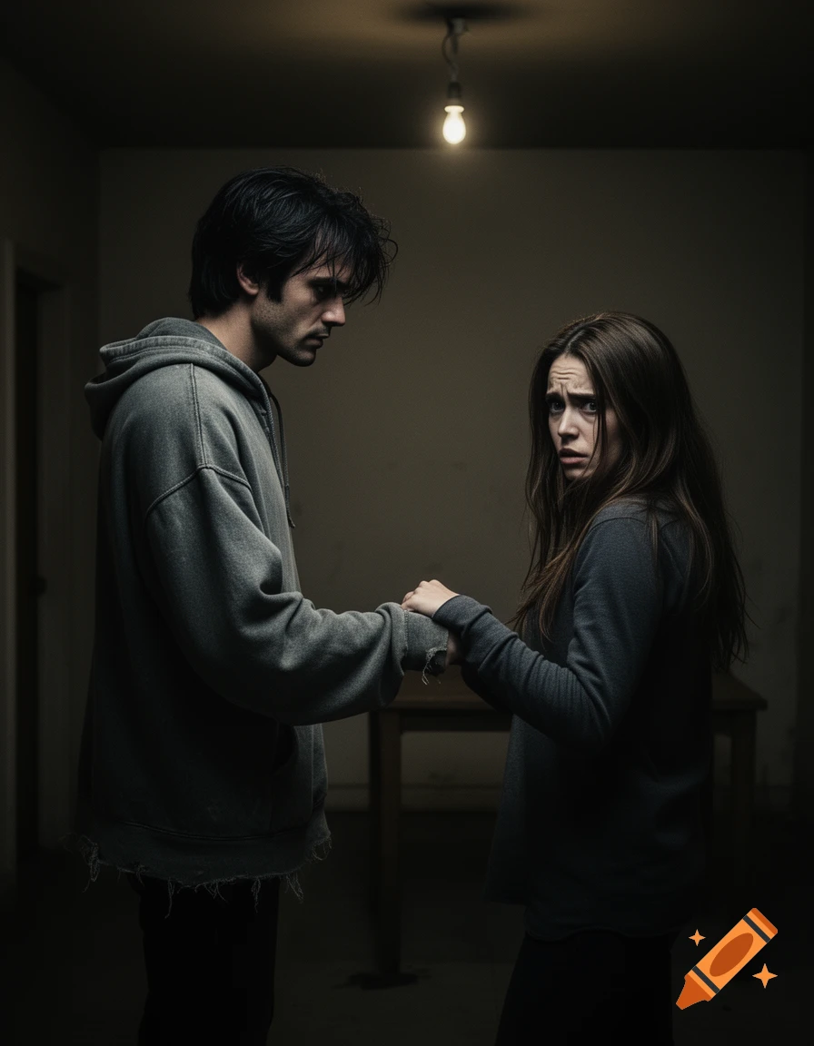 A man in a hoodie holds a terrified woman's hands in a dimly lit, stark room with a single bare lightbulb overhead.
