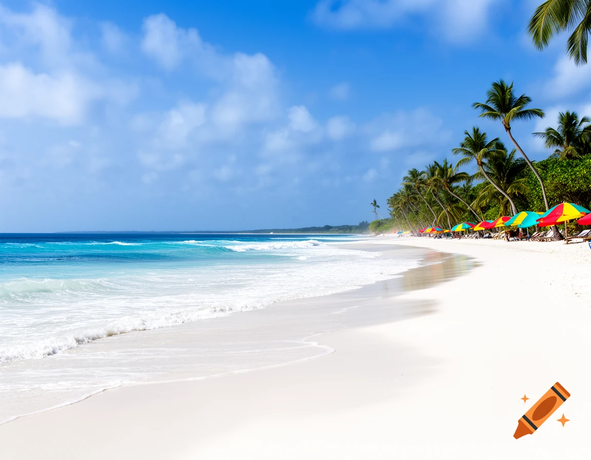 A beautiful tropical white sand beach with turquoise ocean waves, palm trees, and colorful beach umbrellas under a clear blue sky.