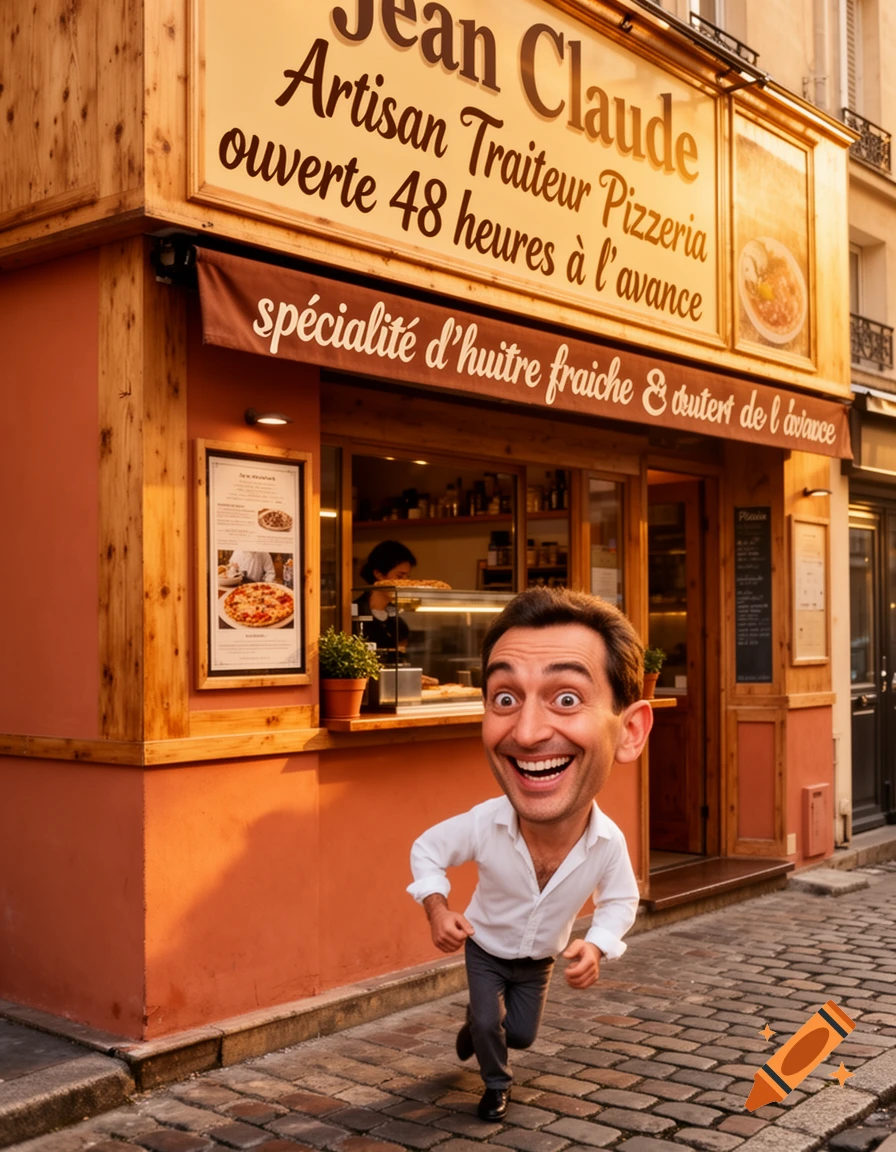 A cartoon man with a large head runs smiling down a cobblestone street in front of a Pizzeria named Jean Claude in a European city, in a photorealistic style.