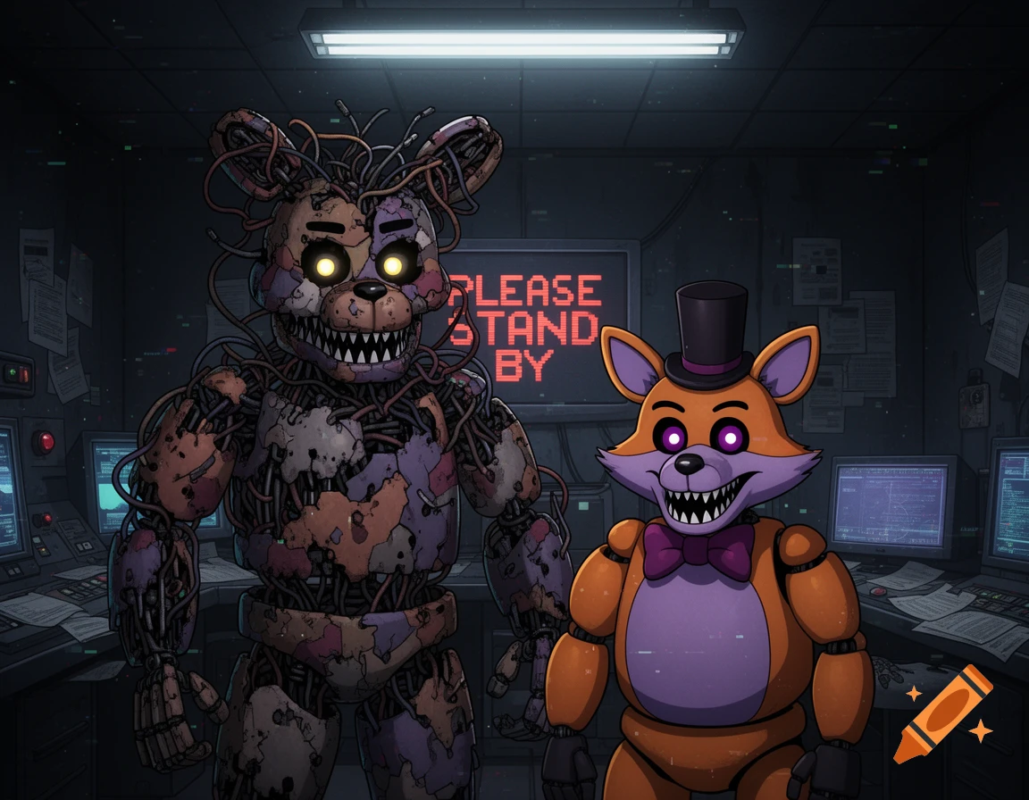A mangled animatronic and an orange fox animatronic stand in a dark control room, a screen behind them reads 'PLEASE STAND BY'.
