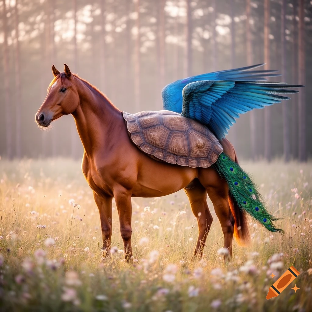 A majestic brown horse with a turtle shell, vibrant blue wings, and a green peacock tail stands in a sunlit meadow.