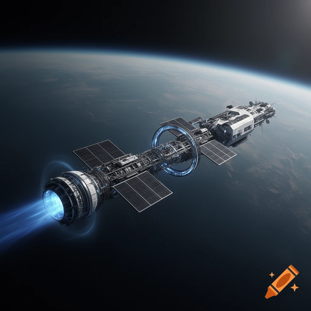 Photorealistic image of a futuristic interstellar spaceship with a glowing blue engine plume, orbiting a habitable planet.