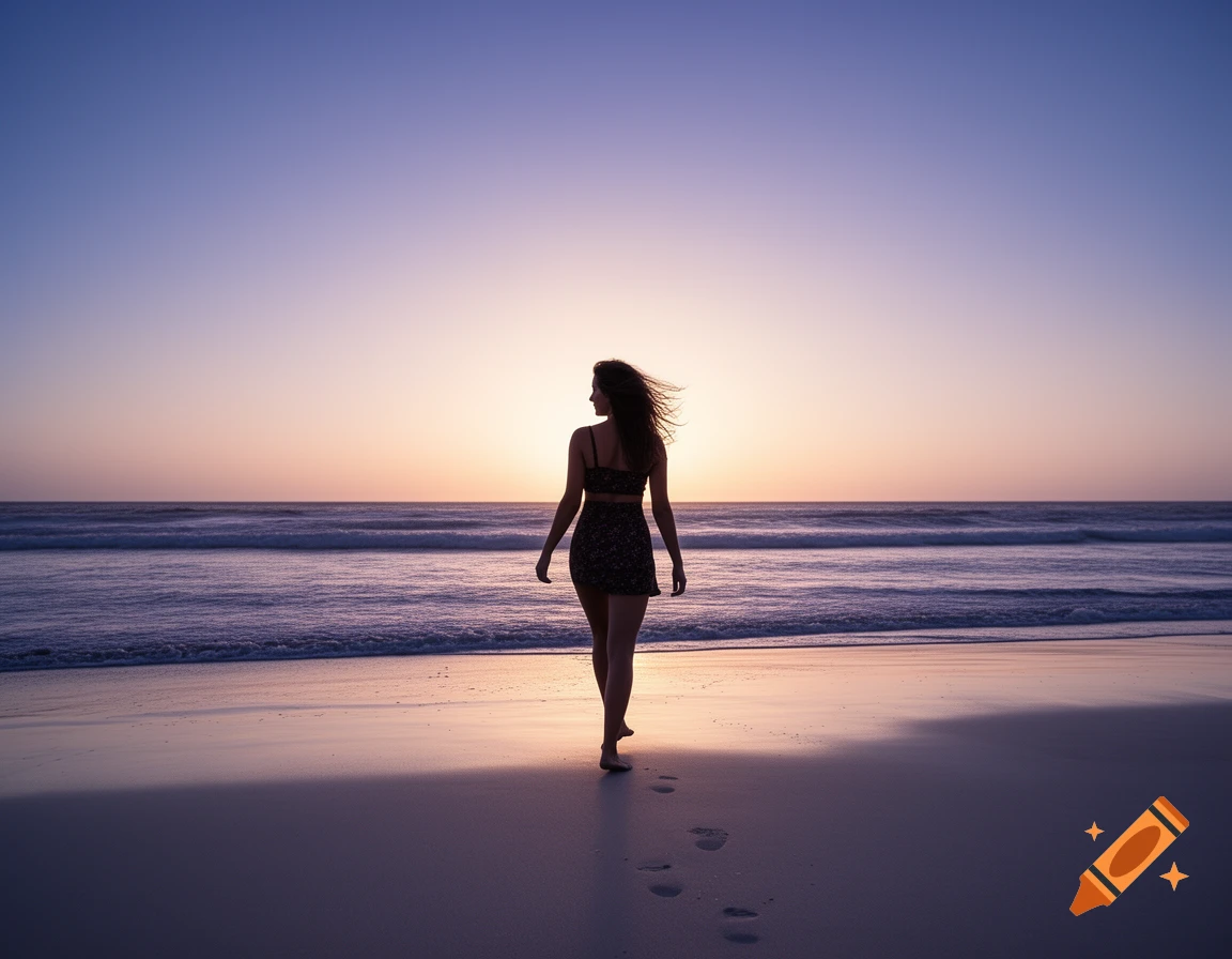 A woman's silhouette walks barefoot on a sandy beach towards the sunset over the ocean, leaving footprints. Photorealistic.