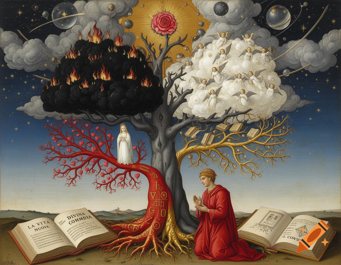 Allegorical Italian Renaissance painting of a tree symbolizing Dante's Divine Comedy, with Beatrice, angels, fire, planets, and Dante kneeling amidst open books.