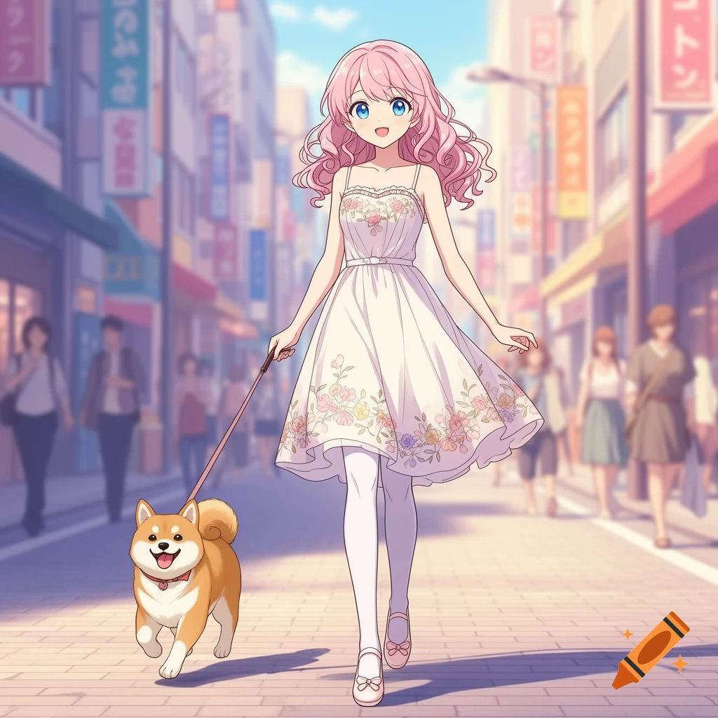 Anime girl with pink hair walking a shiba inu dog on a leash down a bustling city street.