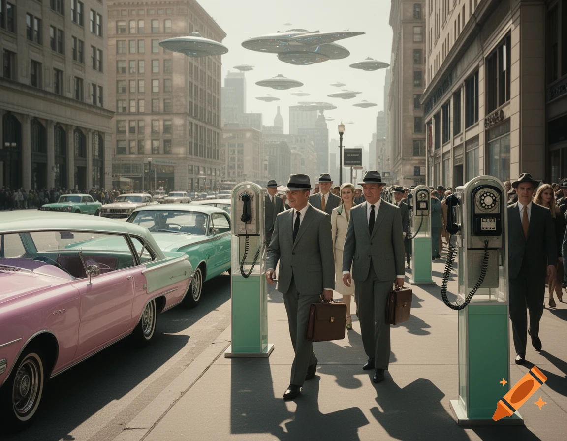 Photorealistic image of a 1960s city street with people in suits, vintage cars, and flying saucers in the sky.