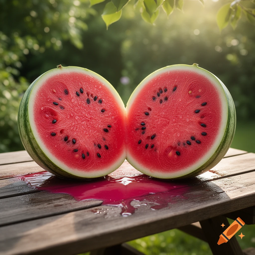 A photorealistic image of a watermelon cut in half, with red juice spilling onto a wooden table outdoors.