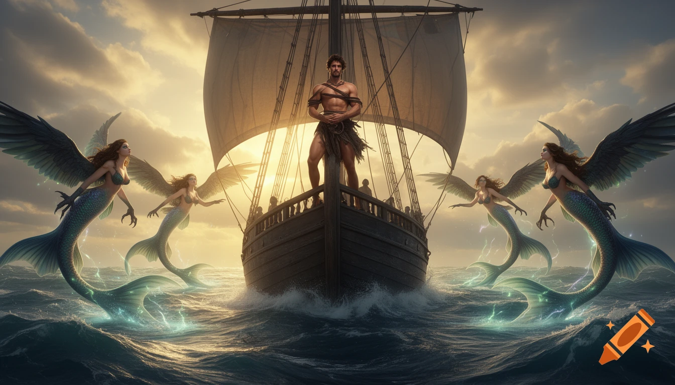 Ulysses tied to a ship's mast, resisting winged mermaids with raptor claws in a dramatic sea scene at sunset.