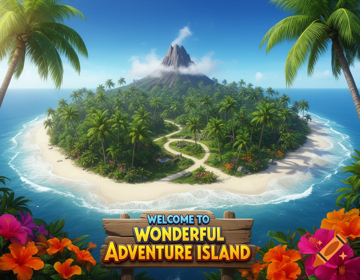 A vibrant, cartoonish tropical island with a volcano, sandy beaches, palm trees, and a welcome sign.