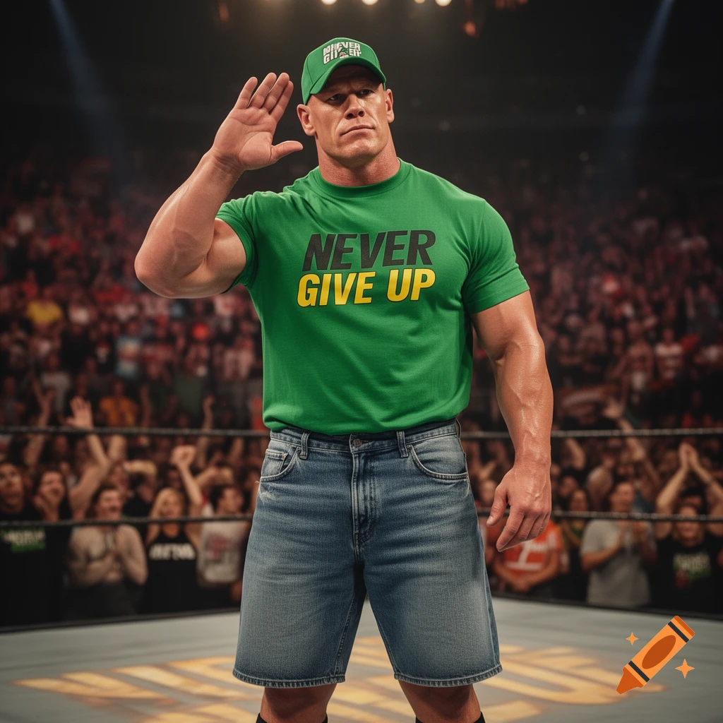 Photorealistic John Cena saluting in a wrestling ring, wearing a green 'NEVER GIVE UP' shirt and jean shorts.