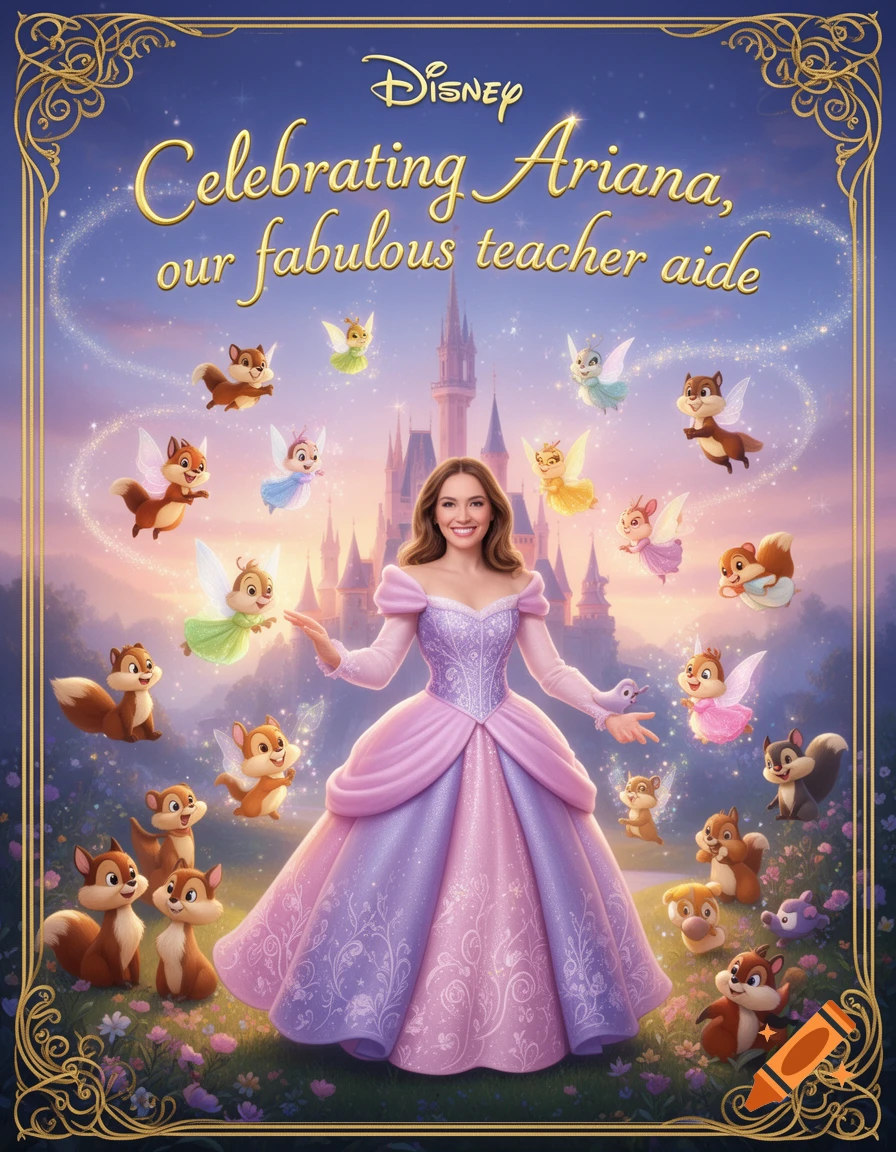 Disney-themed poster of a woman in a pink and purple princess gown surrounded by cartoon chipmunks and fairy creatures in front of a castle.