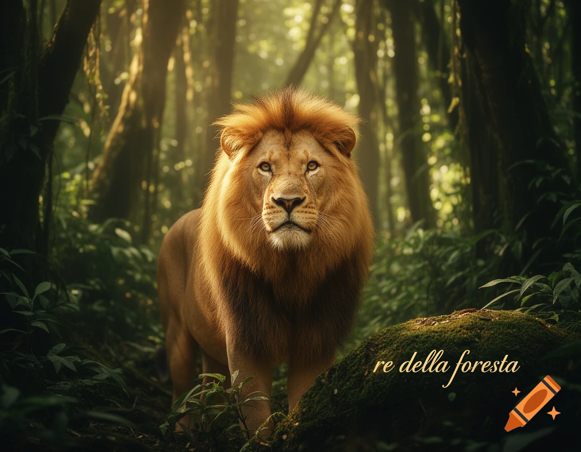 A majestic lion stands in a sunlit jungle, with text 're della foresta' on a mossy rock.