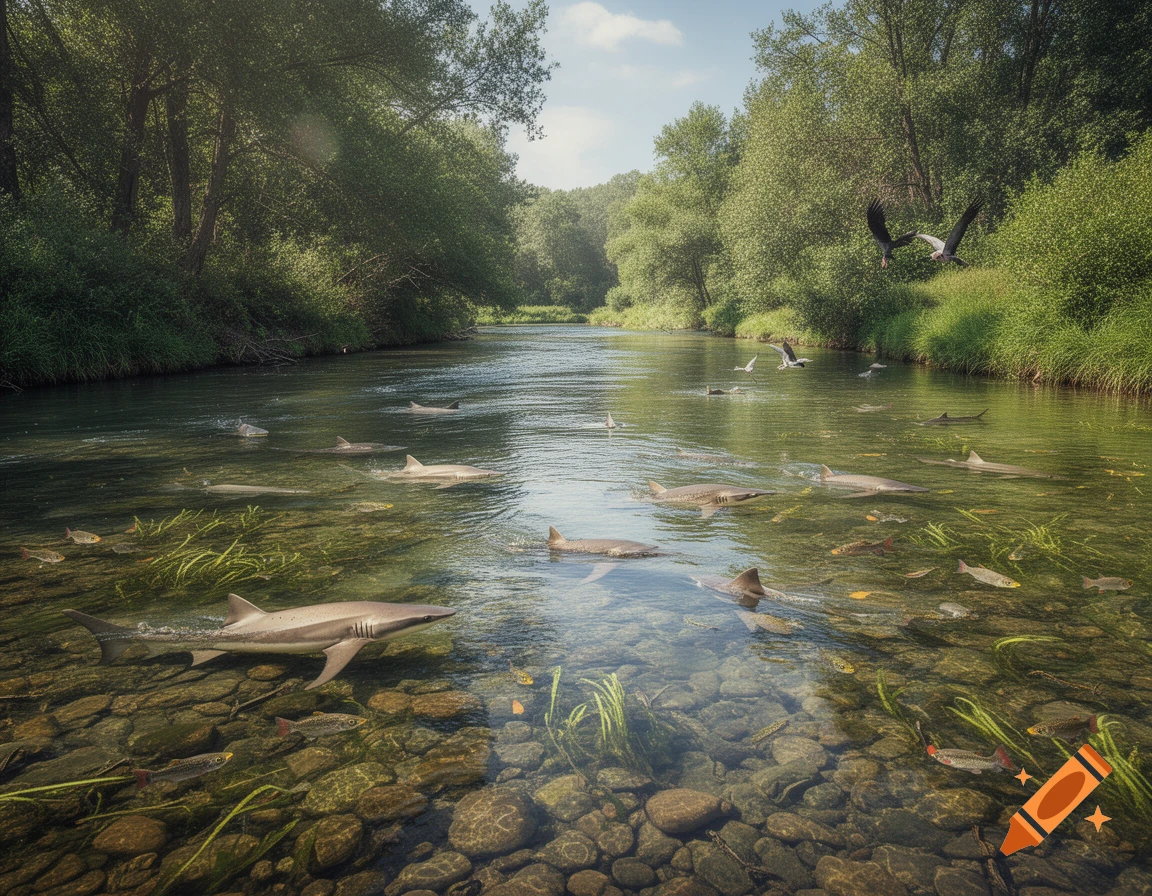 Photorealistic image of a clear river surrounded by lush green trees, with numerous sharks and fish swimming, and birds flying overhead.