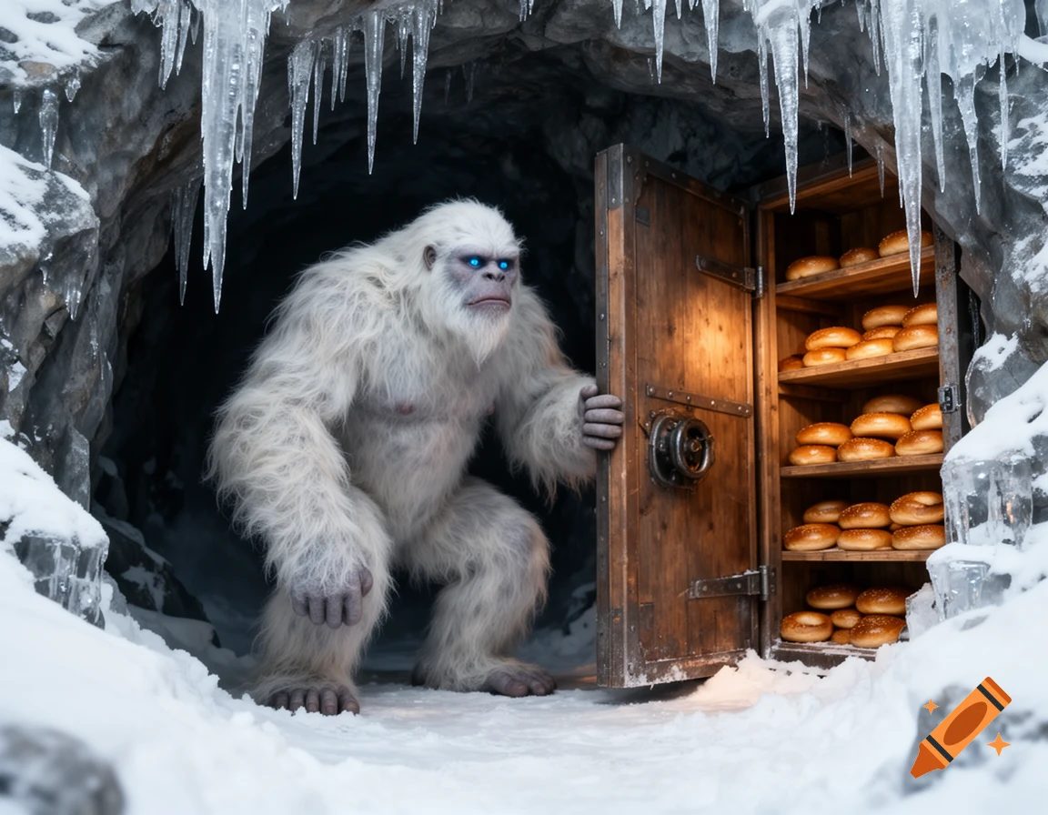 A white-furred yeti with blue eyes guards an open wooden vault filled with rows of bagels inside a snowy, icy cave, photorealistic.