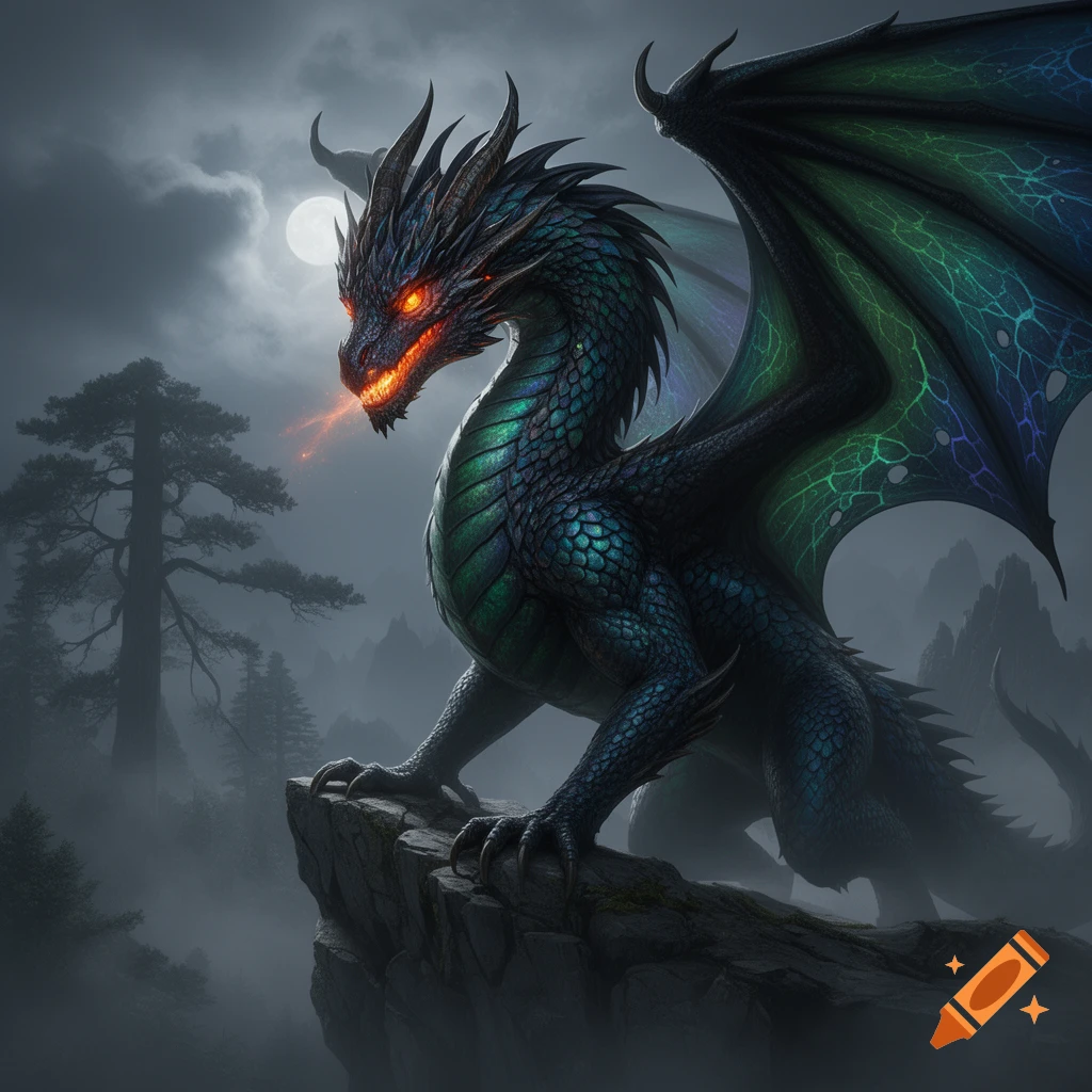 A majestic black and green dragon with glowing red eyes breathes fire, perched on a rocky cliff under a full moon in a foggy, mountainous landscape.