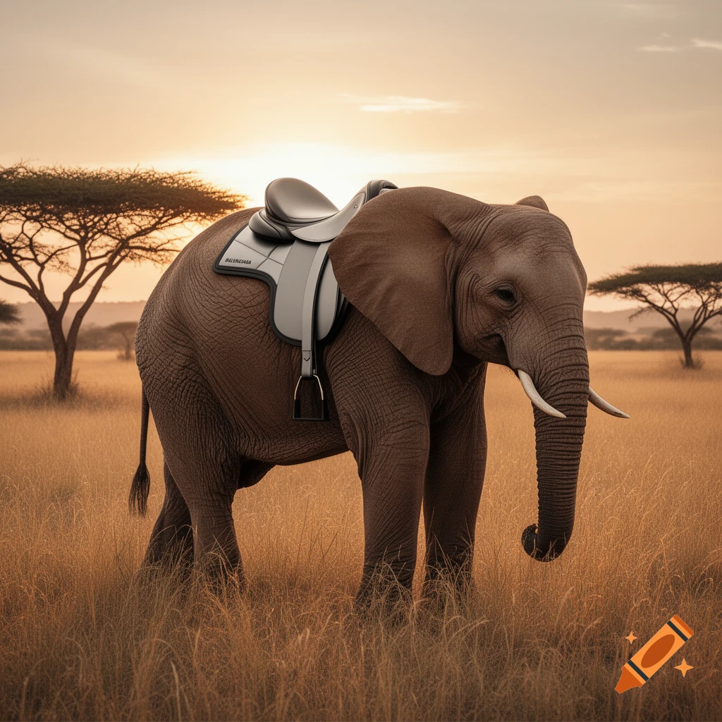 A photorealistic elephant wears a Balenciaga saddle in a golden savanna at sunset.