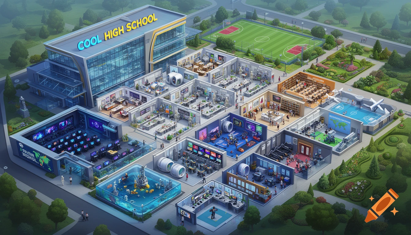 An isometric cutaway view of a detailed, colorful, modern, futuristic high school campus with various classrooms, labs, sports fields, and a main building labeled "COOL HIGH SCHOOL".
