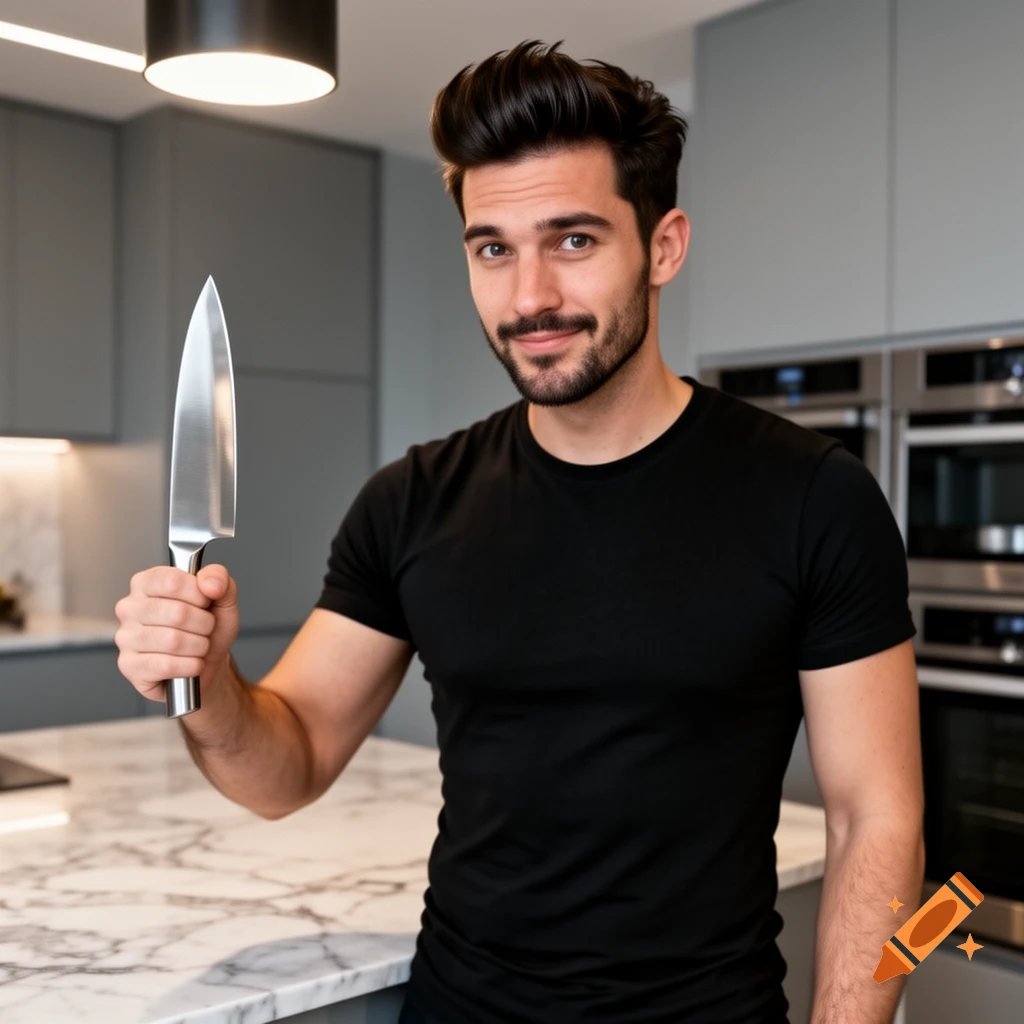 A smiling man, resembling Markiplier, holds a chef's knife in a modern kitchen, looking directly at the viewer.