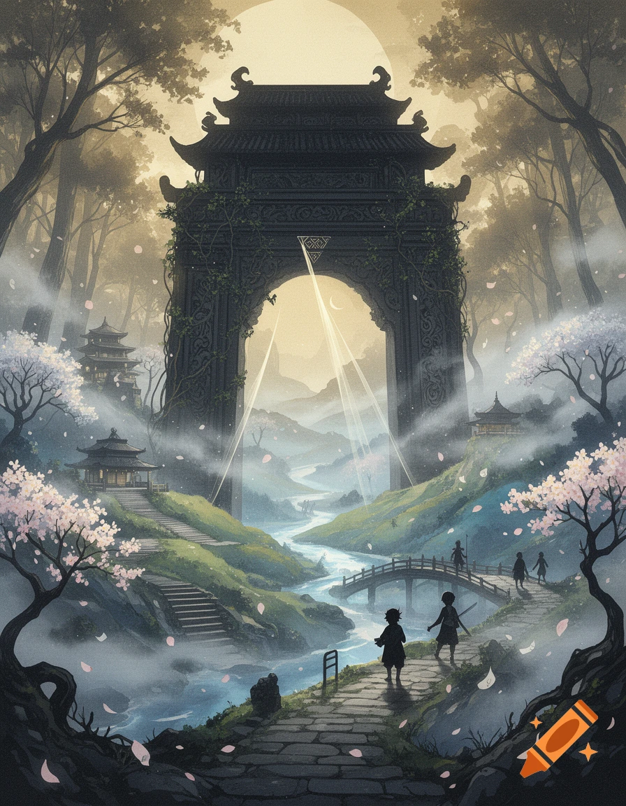 A fantasy landscape with a large ornate archway opening to a mystical river valley, flanked by cherry blossom trees and distant pagodas, with silhouetted figures on a path, in a watercolor style.