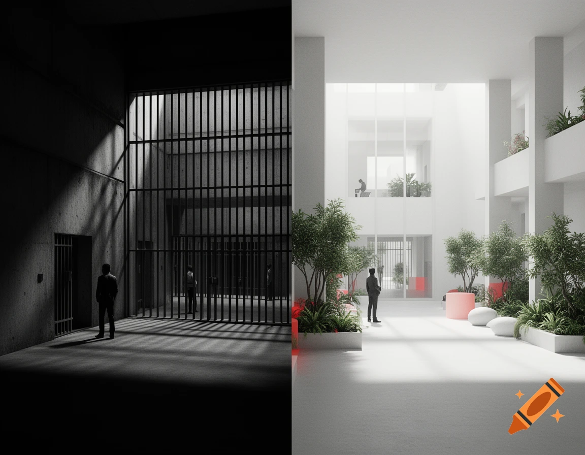 Split scene architecture showing a dark brutalist prison on the left and a bright, open, humane building with greenery on the right.