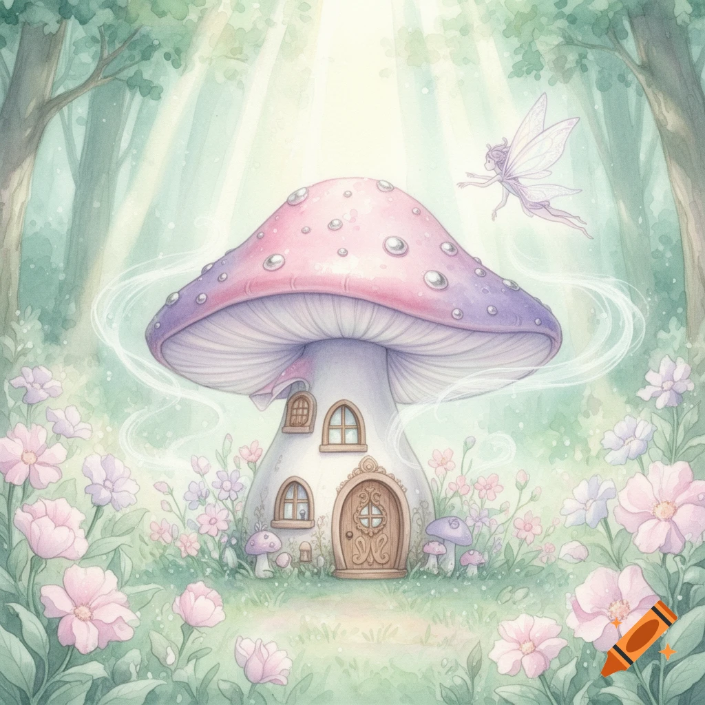 A watercolor illustration of a pastel pink and purple mushroom house in a sunlit forest clearing, with a fairy flying overhead.