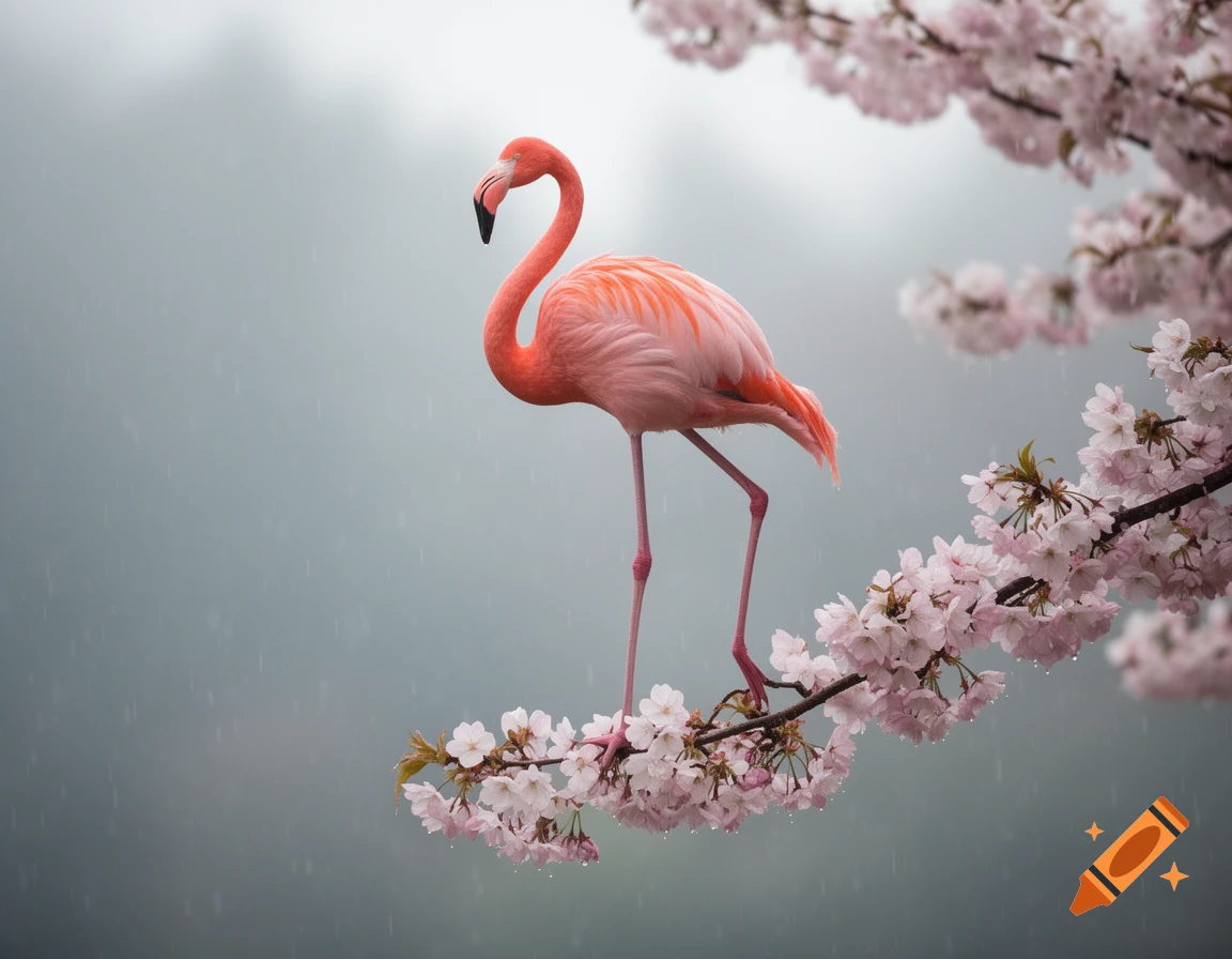 A pink flamingo balances on one leg on a cherry blossom branch in the rain. Photorealistic.
