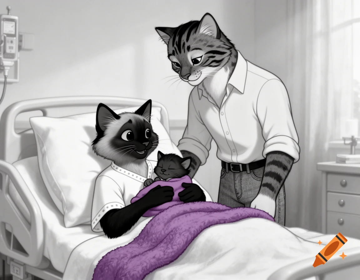 An anthropomorphic Ragdoll cat mother in a hospital bed holds her kitten wrapped in a purple blanket, while a Mackerel tabby cat father stands by, in a 2D Disney-style drawing.