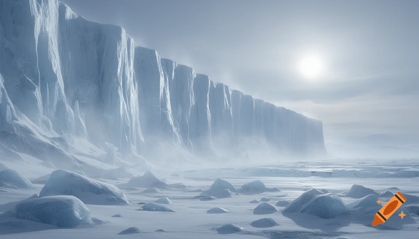 A towering ice wall extends across a vast, snow-covered arctic landscape under a bright sun, with scattered ice formations.