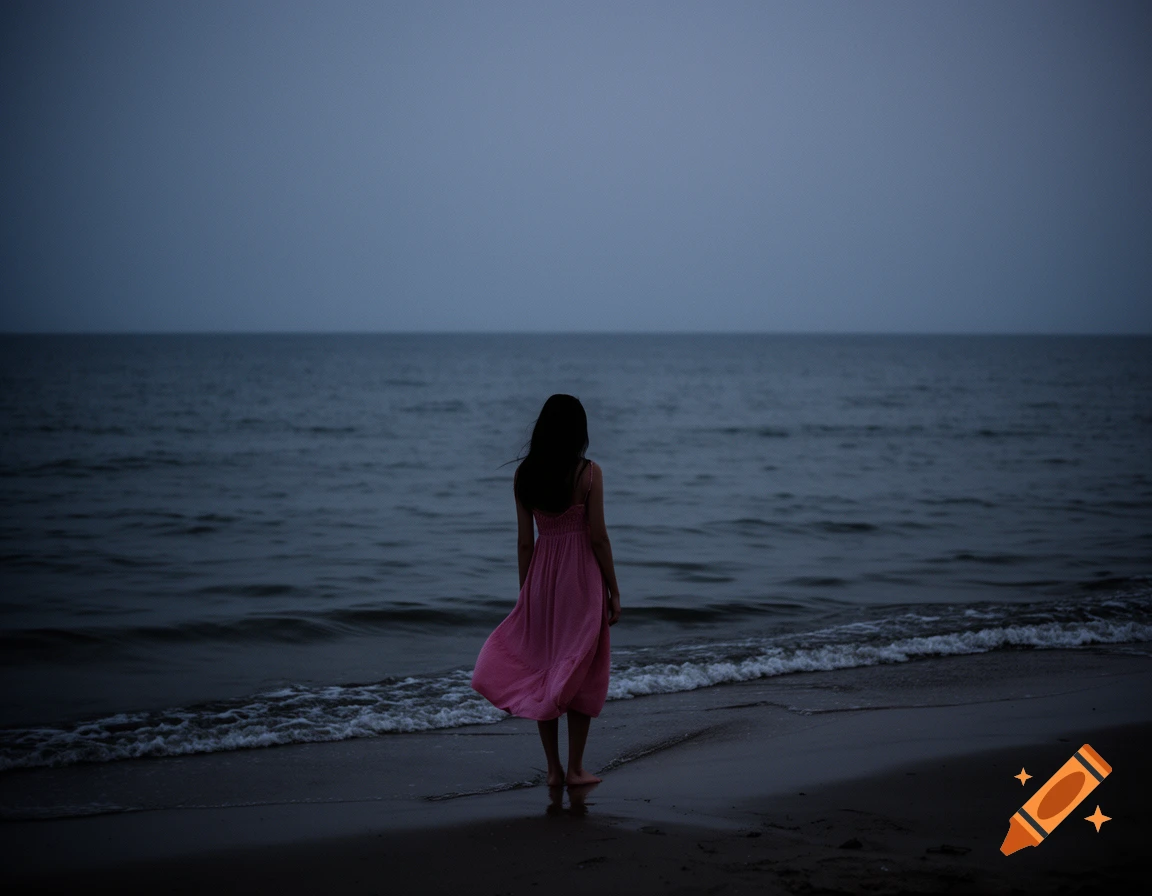 Woman in pink dress stands on a dark beach looking out at the ocean ...