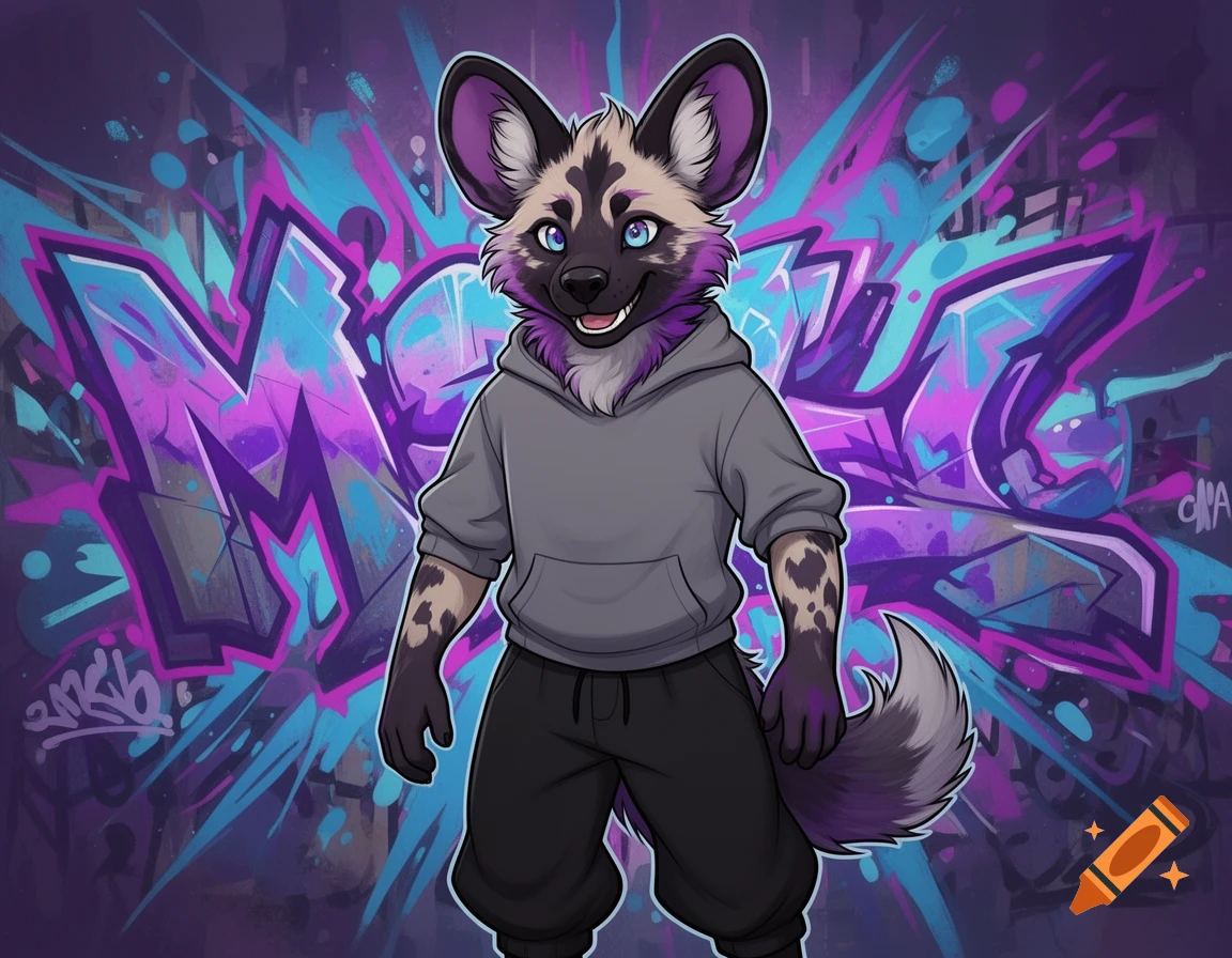 A stylized African wild dog fursona with purple, gray, and black fur, wearing a gray hoodie and black sweatpants, stands against a vibrant purple and blue graffiti background.