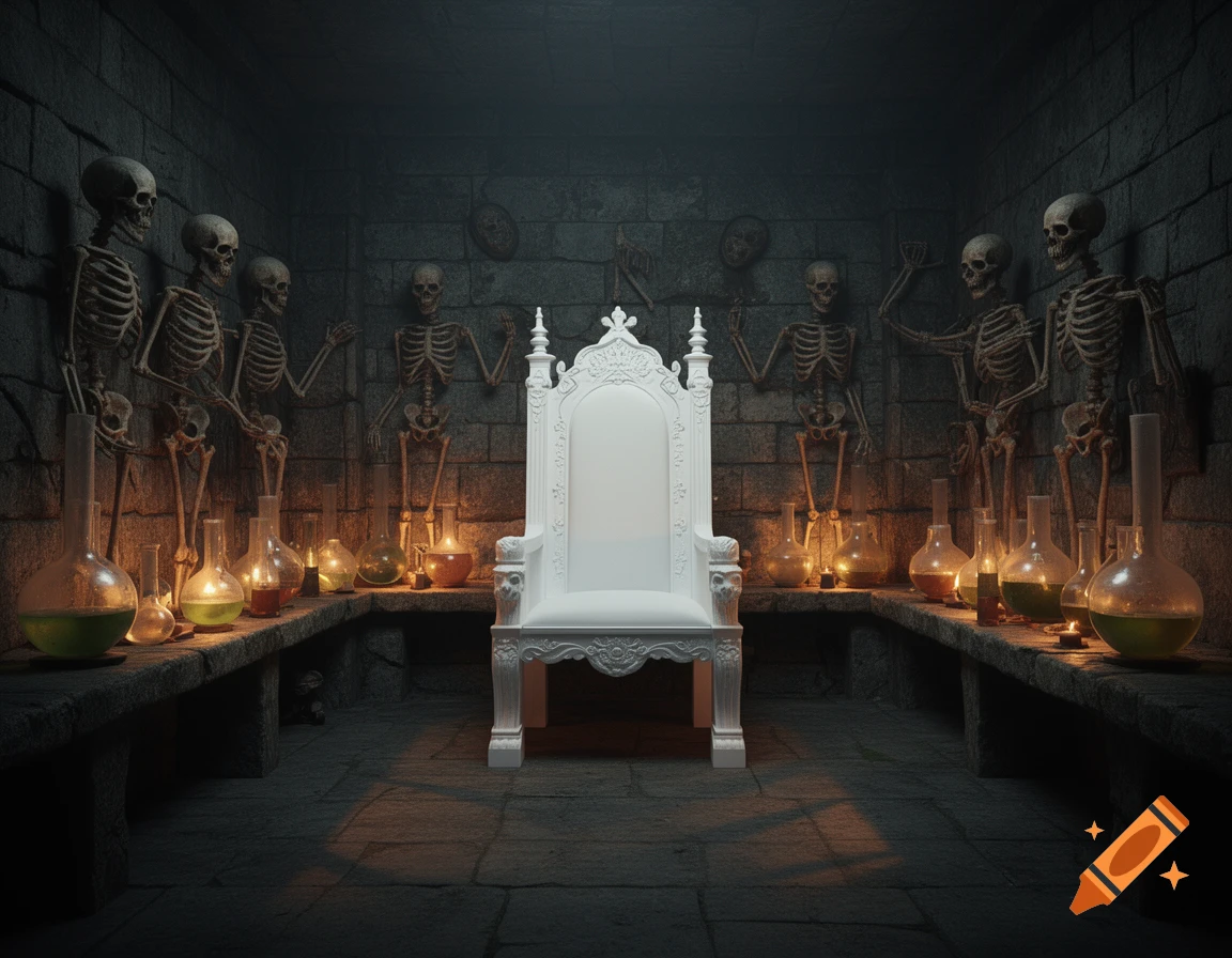 A dark dungeon room with stone walls, lined with multiple skeletons and glowing alembics, centered by a ornate white throne.