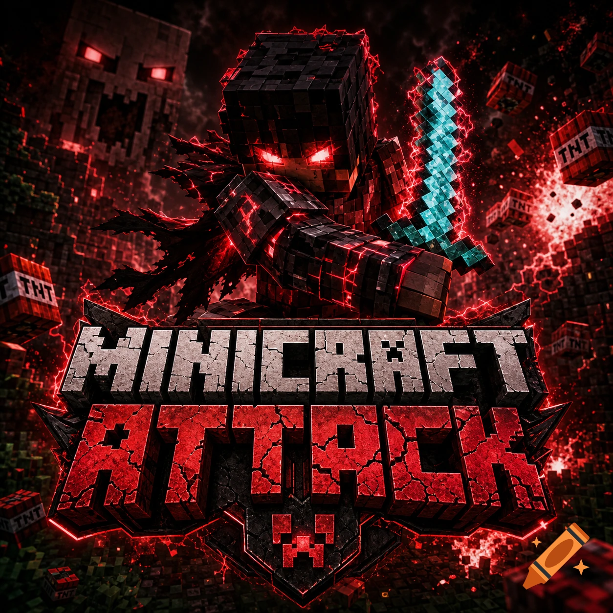 Aggressive Minecraft-style gaming logo for 'Minicraft Attack' featuring a dark, fierce character with glowing eyes and a sword amidst red energy and TNT blocks.