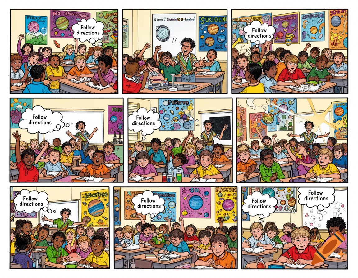 Comic strip showing a junior high science class with attentive students and a teacher.
