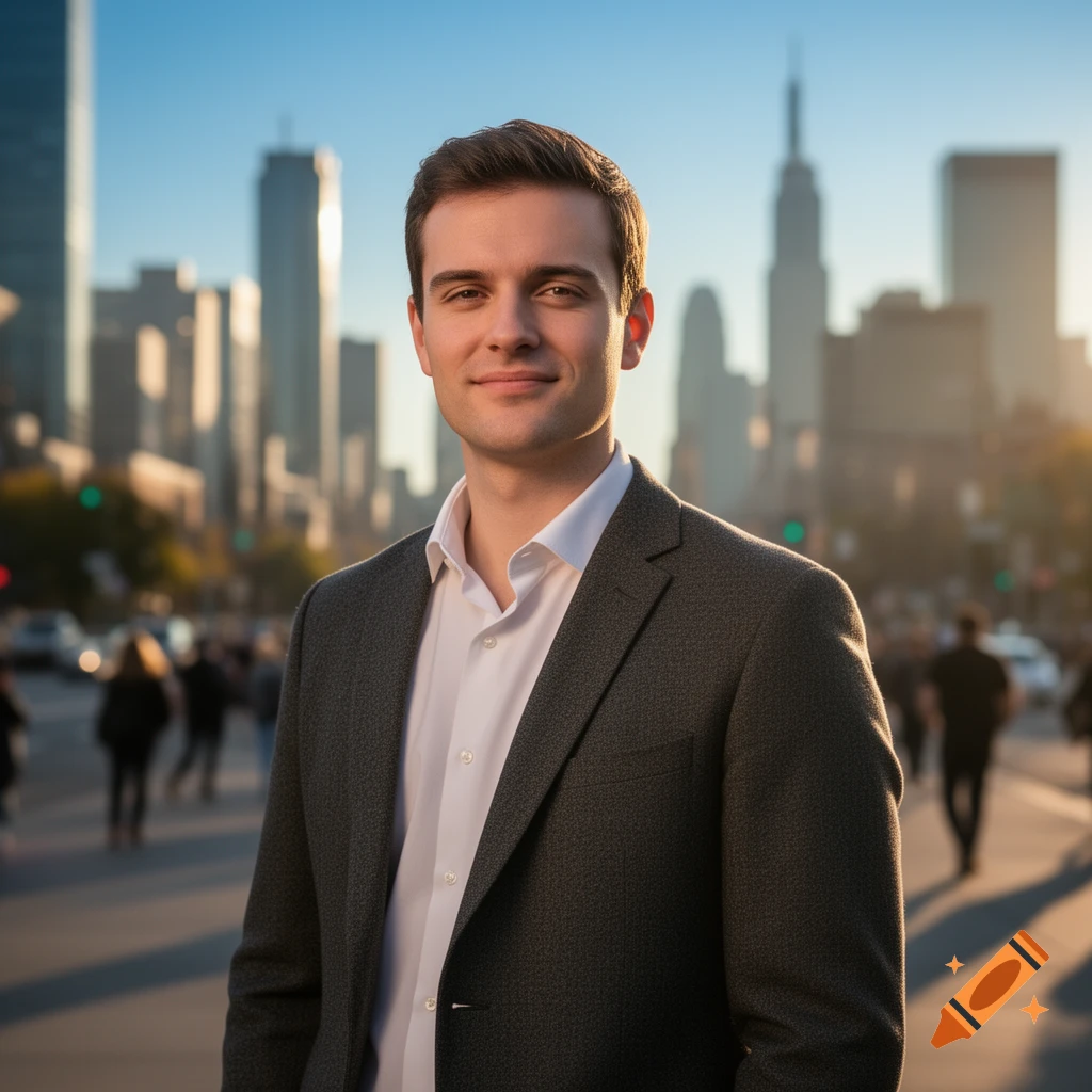 A young man in a suit jacket and white shirt smiles subtly, standing on a city street with blurred skyscrapers and people in the background during golden hour.