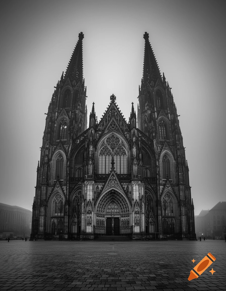 Black and white, low-angle photograph of Cologne Cathedral, showing its tall, ornate gothic spires and facade under a misty sky.