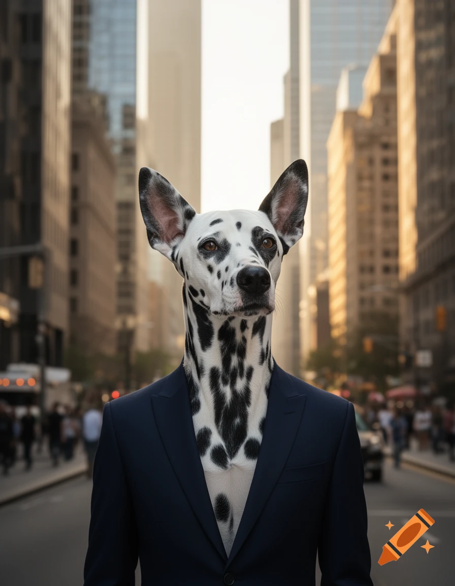 A photorealistic anthropomorphic dalmatian with a black and white spotted head and neck, wearing a dark blue business suit, stands on a busy city street with tall buildings in the background.