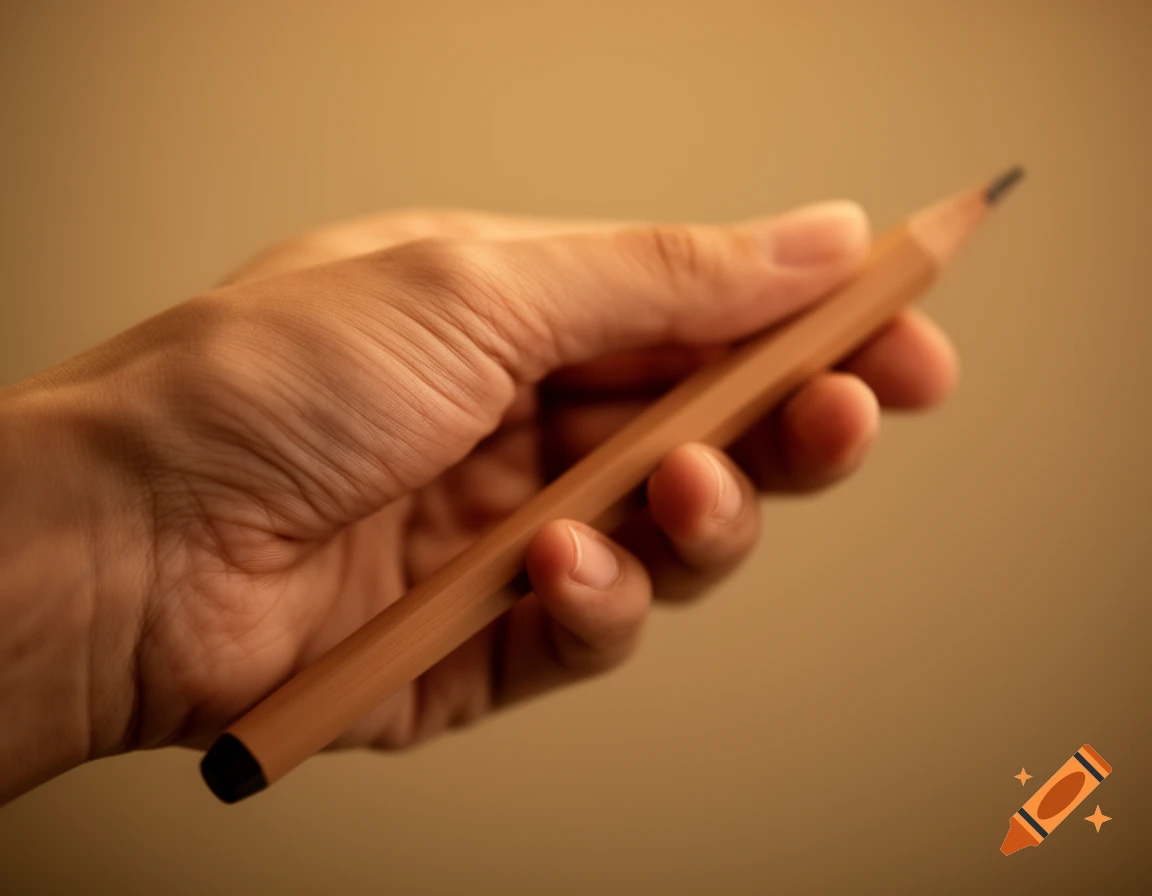 Close-up of a hand gently holding a soft matte wooden pencil with a relaxed grip under warm lighting.