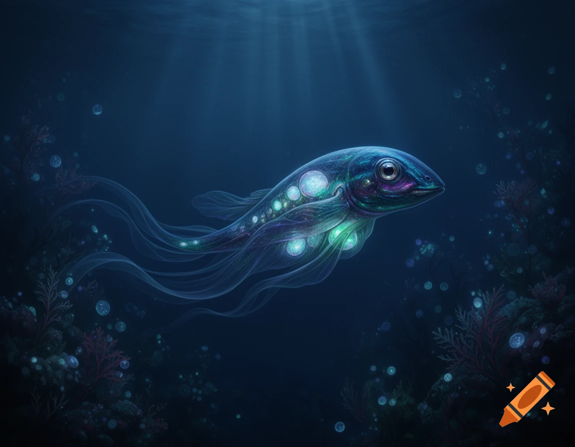 An ethereal, bioluminescent deep-sea creature with flowing fins and glowing spots swims in dark blue water, illuminated by light rays.