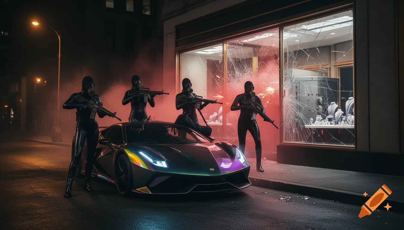 Four armed figures in gas masks and black latex suits stand around a colorful sports car in front of a shattered jewelry store at night.