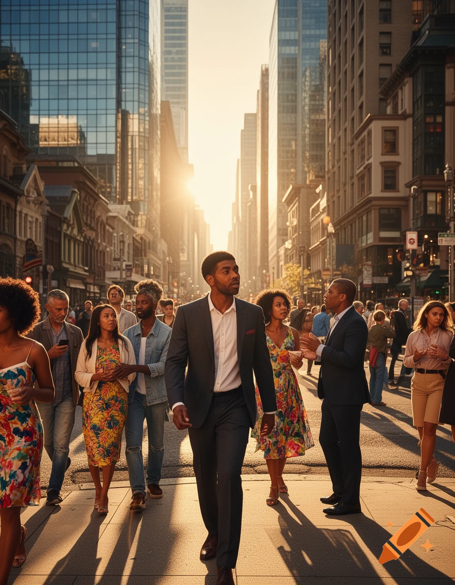 Diverse people walk on a sunlit city street with tall buildings in the background, casting long shadows.