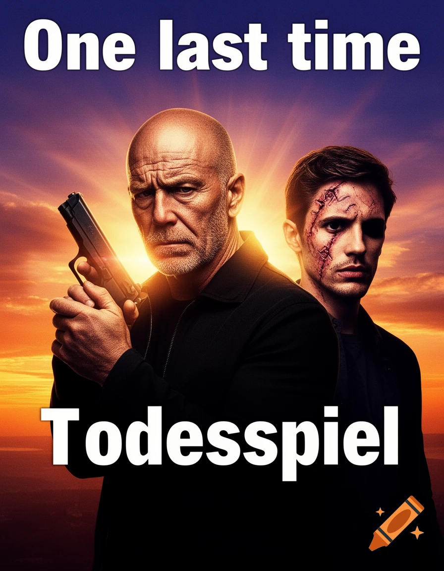 Movie poster for 'Todesspiel' with text 'One last time', showing a bald man with a pistol and a younger man with facial scars against a sunset background.