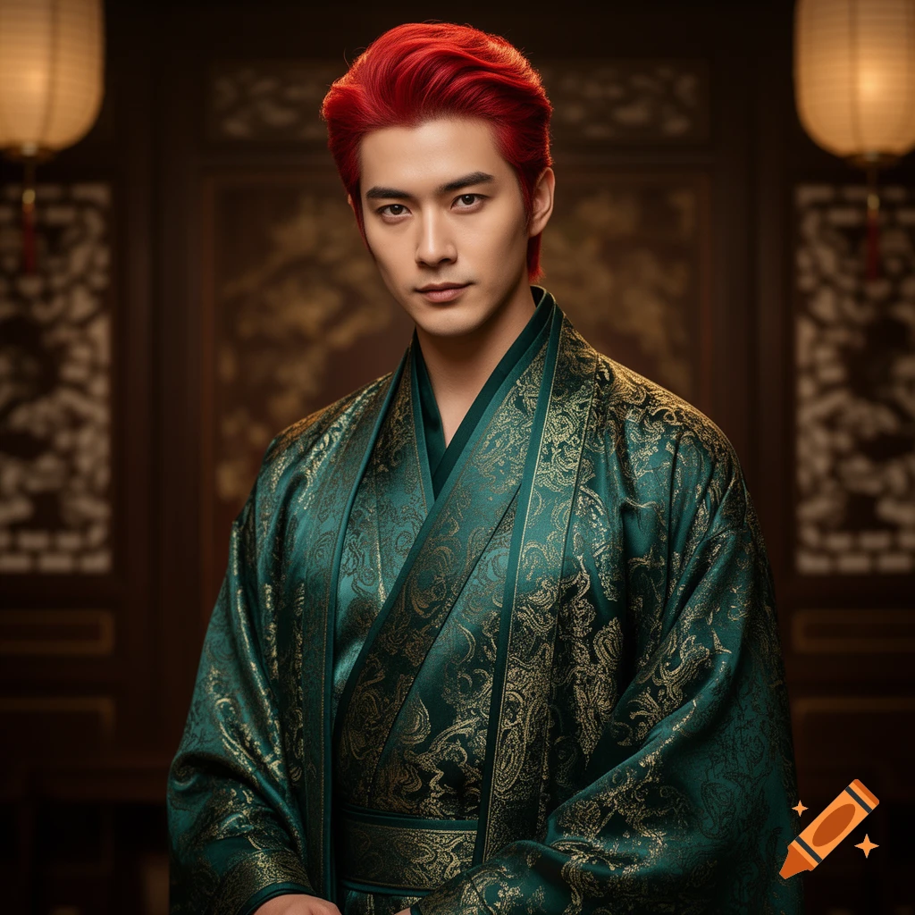 A man with vibrant red hair wearing an elaborate teal and gold patterned traditional robe, looking directly at the viewer.