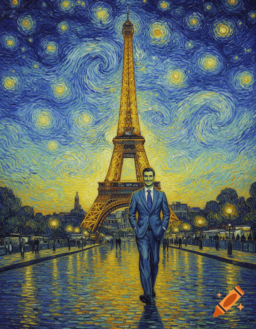A man in a suit walks down a Parisian street with the Eiffel Tower behind him, rendered in a vibrant Van Gogh-style painting.