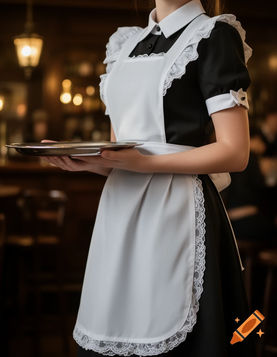 Close-up of a person in a black and white maid uniform holding a silver tray, with a blurred tavern background.