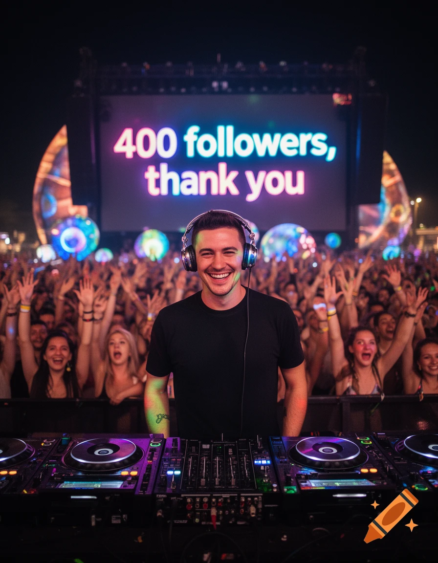 Smiling DJ with headphones behind a mixing deck at a night festival, a screen behind him reads '400 followers, thank you'.