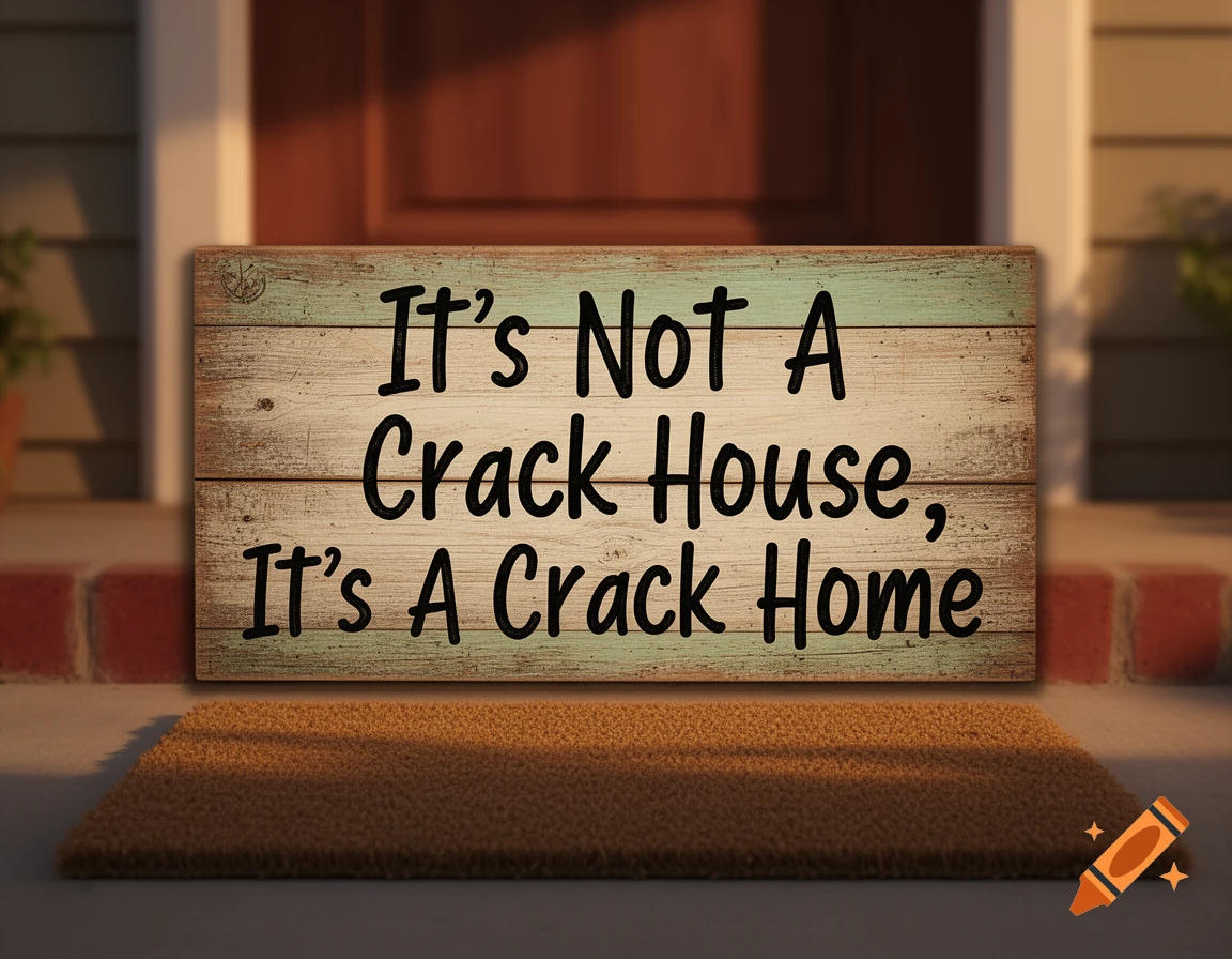 A weathered wooden sign on a porch in front of a door, with a brown doormat. The sign reads 'It R17;s Not A Crack House, It R17;s A Crack Home'.