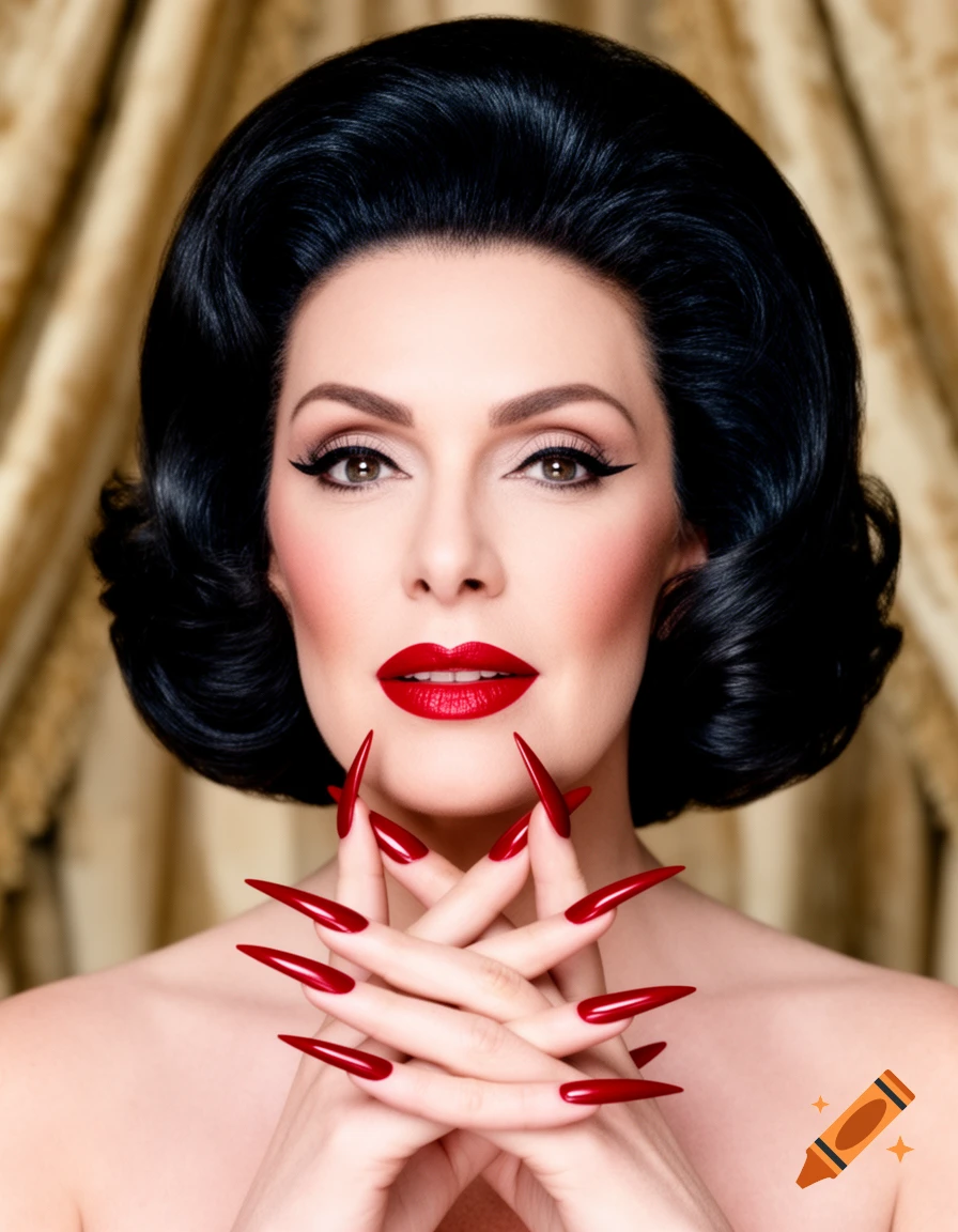A woman with a classic dark hairstyle, dramatic eye makeup, and bold red lips, crosses her hands revealing long, sharp red nails.